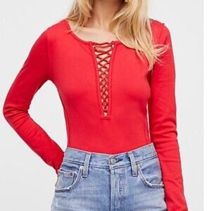 We the Free (Free People) red lace-front long sleeve top size XS NWT